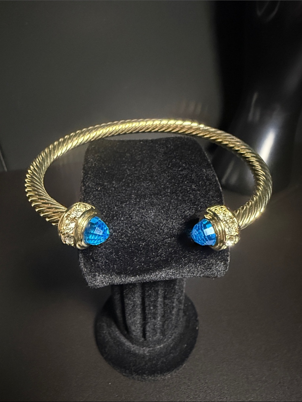 Gold-Tone Twist Cuff Bracelet with Blue Crystal Finials - Picture 6 of 6